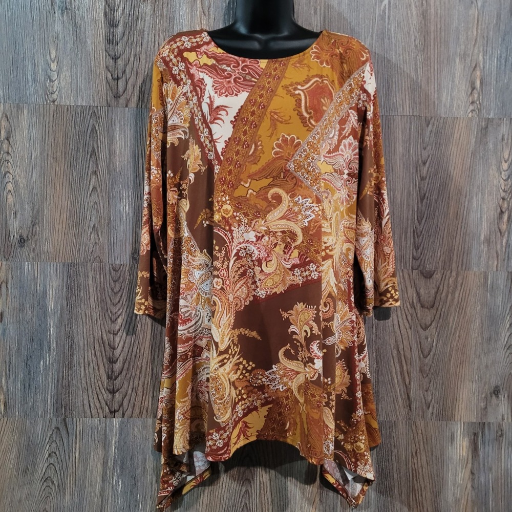 Attitudes by Renee Ornate Paisley Tunic Oversize Large Orange/Copper Maximalist